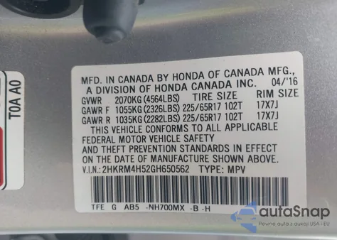 2016 Honda Cr-V Ex z USA, uszkodzony, nr VIN 2HKRM4H52GH650562